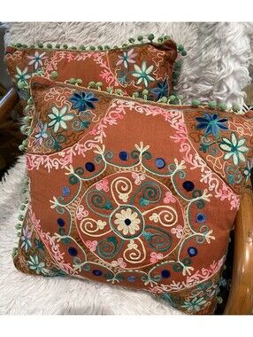 Karma Living Bohemian Coral Green Pom Pom Throw Pillow Hippie 60s Colorful 14” 2